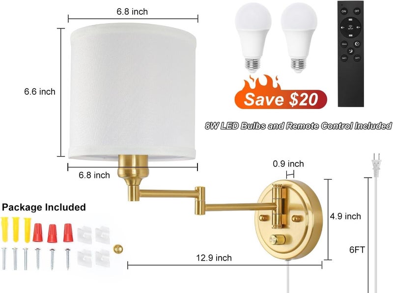 GOODATE Plug in Wall Sconces with Remote Control, Dimming 10%-100% & Adjustable Colors 2700K-6500K, Hardwire or Plug-in, Swing Arm Wall Lamp with White Fabric Shade, Wall Sconces Set of Two, Gold Finish - Image 5